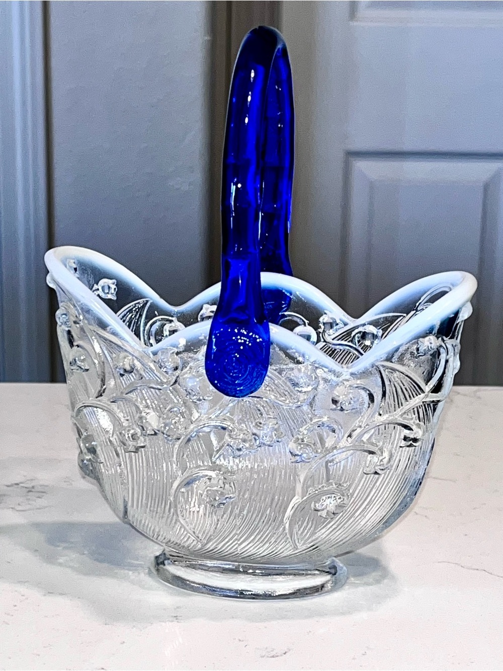 Fenton Vintage Crystal Opalescent Lily Of The Valley Cobalt Handled Glass Basket